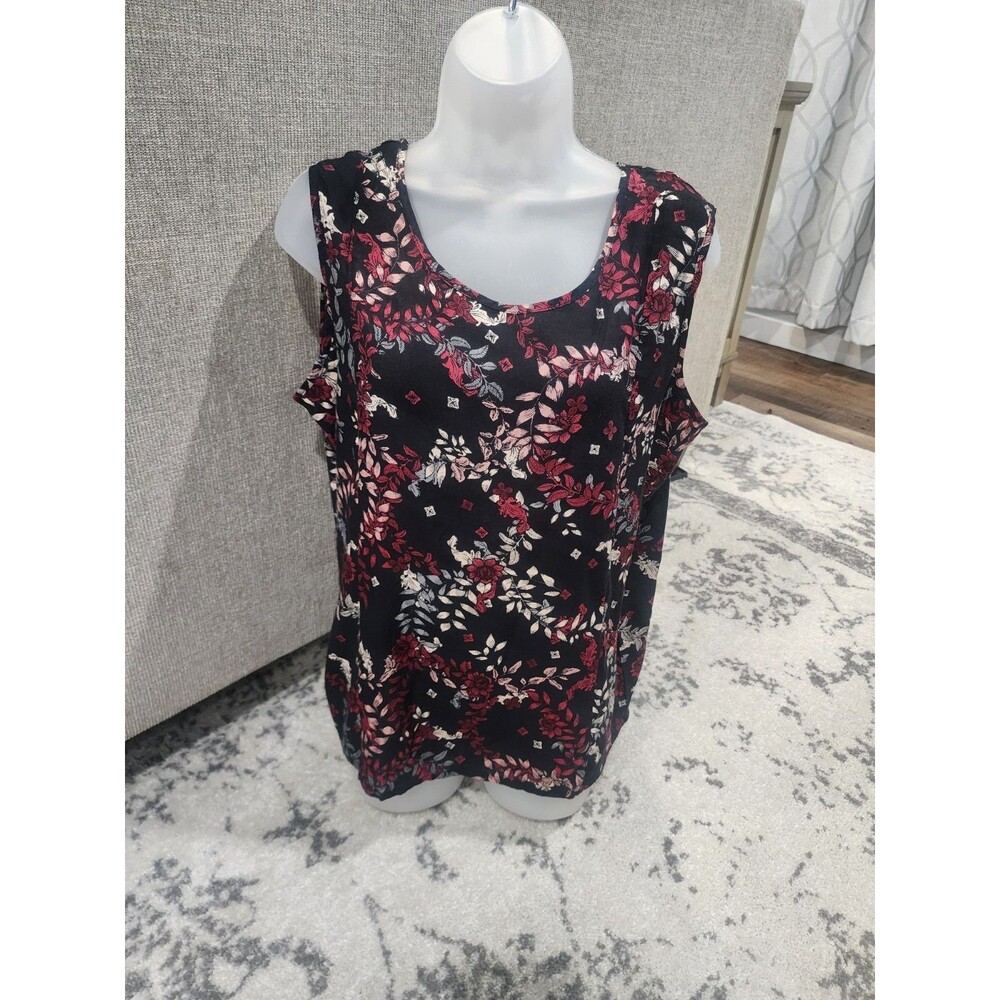Salon Studio Blouse Black & Pink Red Floral Size M Sleeveless 100% RAYON